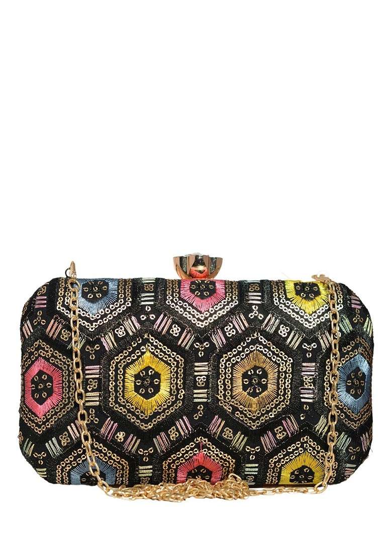 Black Satin Embroidered Box Clutch - Indya