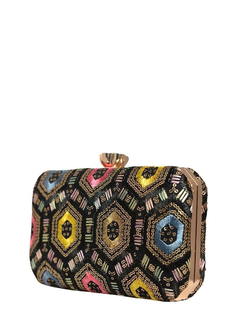Black Satin Embroidered Box Clutch - Indya