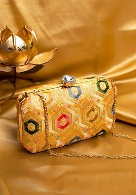 Gold Satin Embroidered Sequined Box Clutch