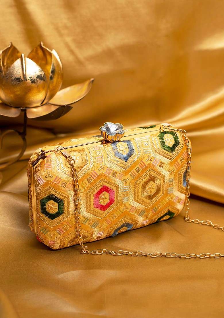 Gold Satin Embroidered Sequined Box Clutch - Indya