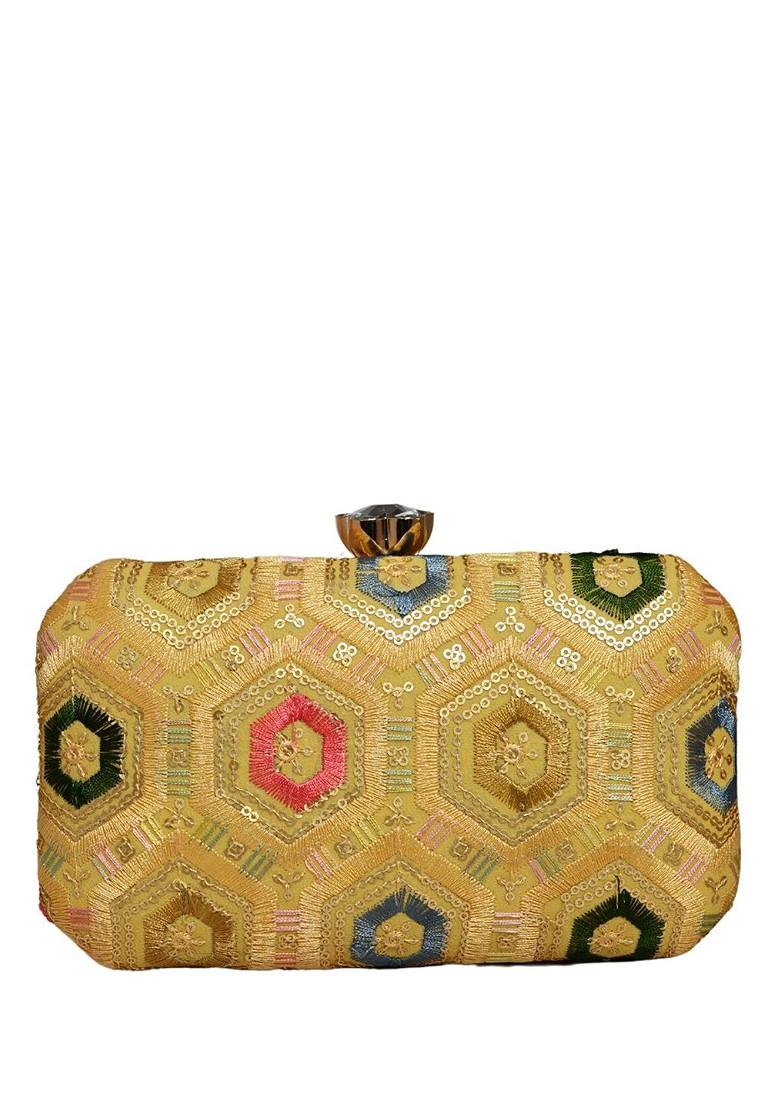 Gold Satin Embroidered Sequined Box Clutch - Indya