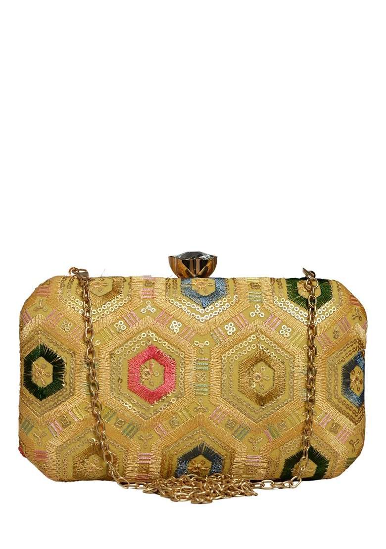 Gold Satin Embroidered Sequined Box Clutch - Indya