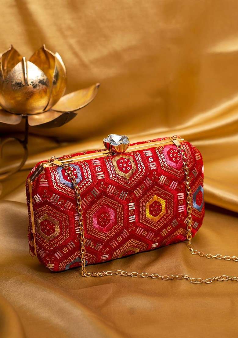 Red Satin Embroidered Box Clutch - Indya
