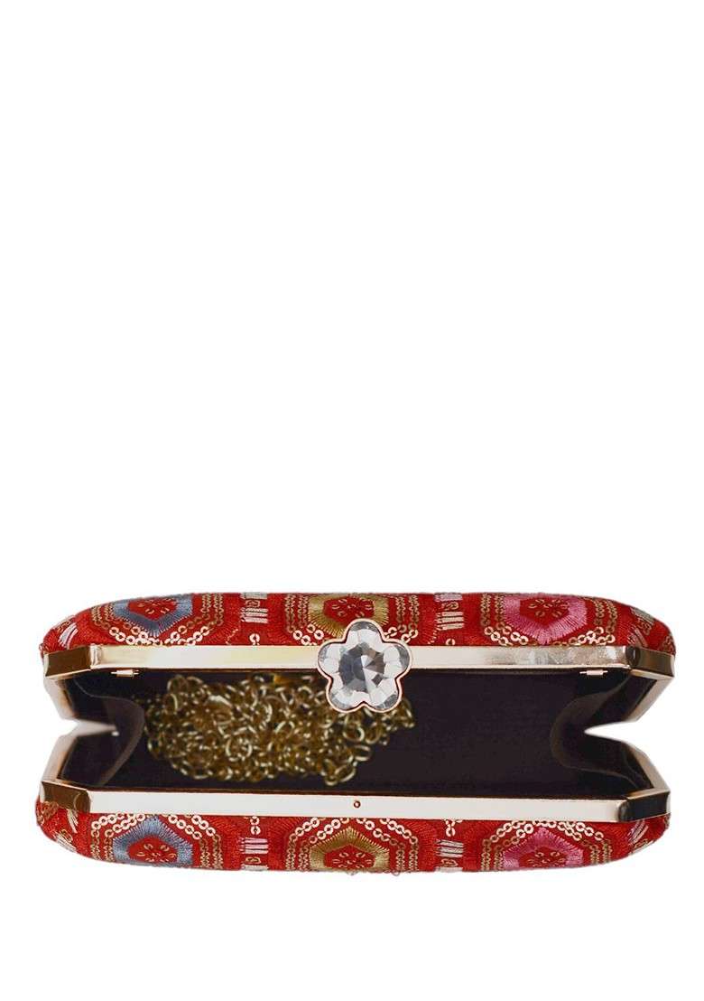 Red Satin Embroidered Box Clutch - Indya
