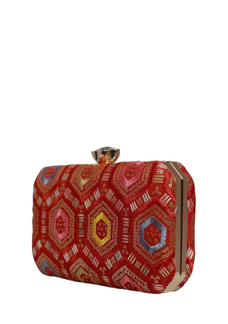 Red Satin Embroidered Box Clutch - Indya