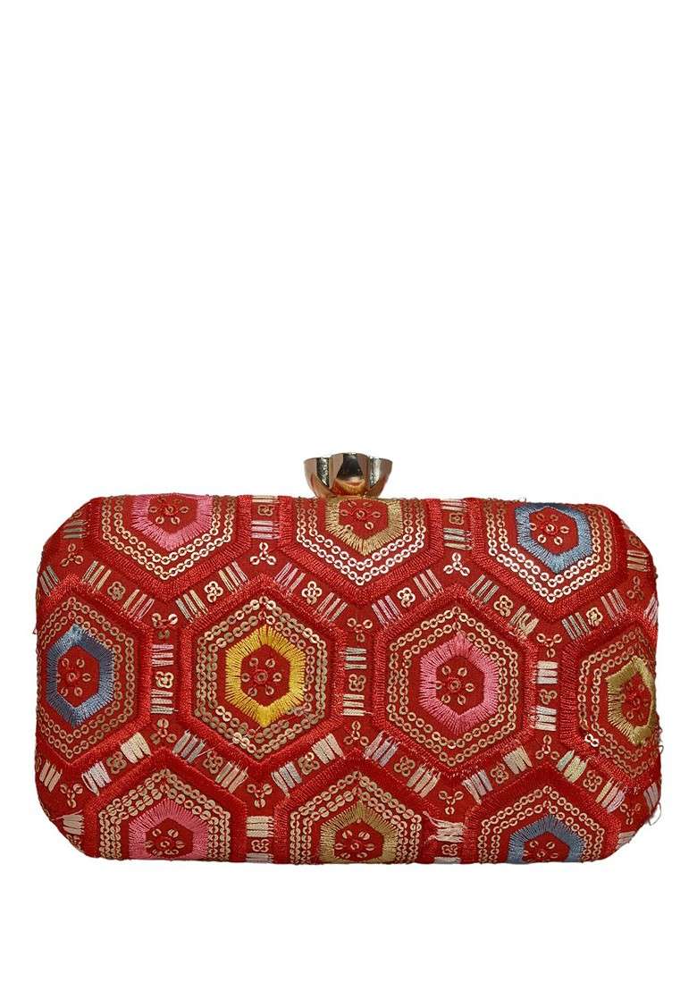 Red Satin Embroidered Box Clutch - Indya