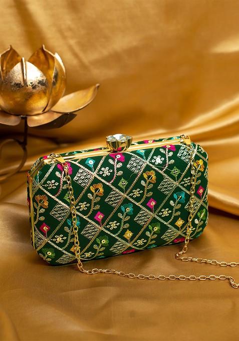 Green Satin Embroidered Box Clutch