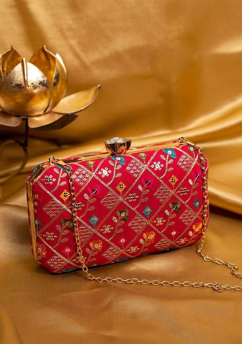 Red Satin Embroidered Bow Detail Box Clutch - Indya