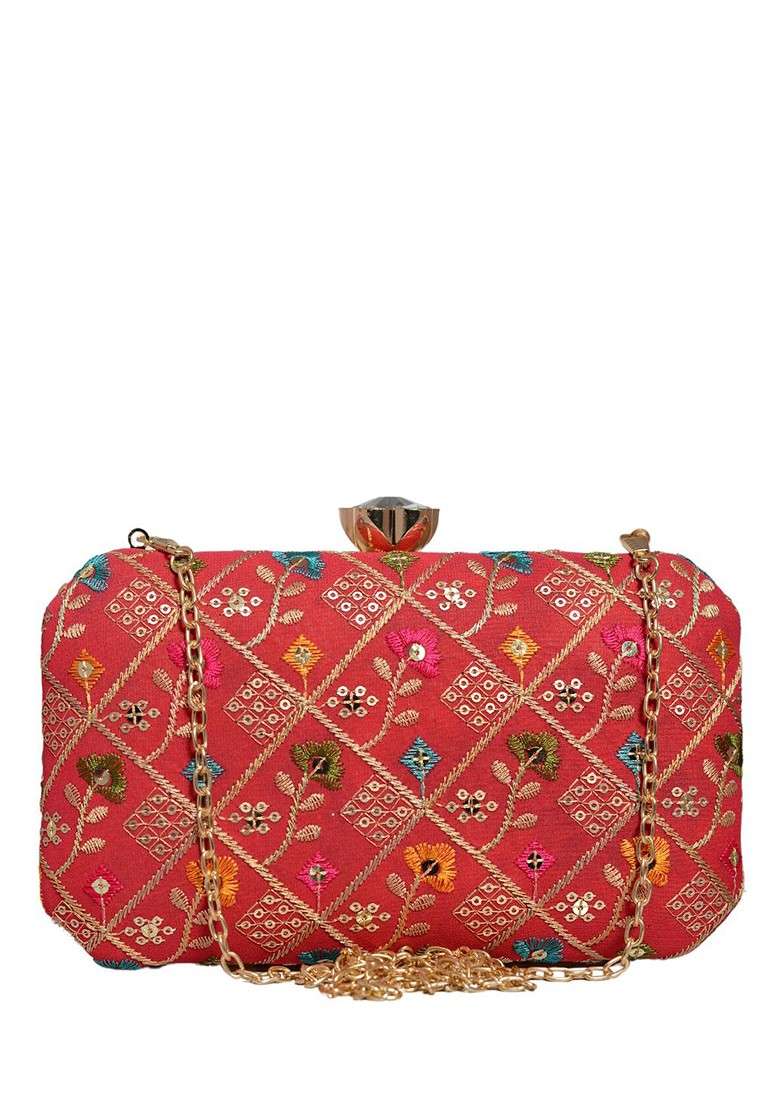 Red Satin Embroidered Bow Detail Box Clutch - Indya