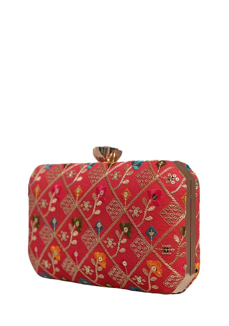 Red Satin Embroidered Bow Detail Box Clutch - Indya