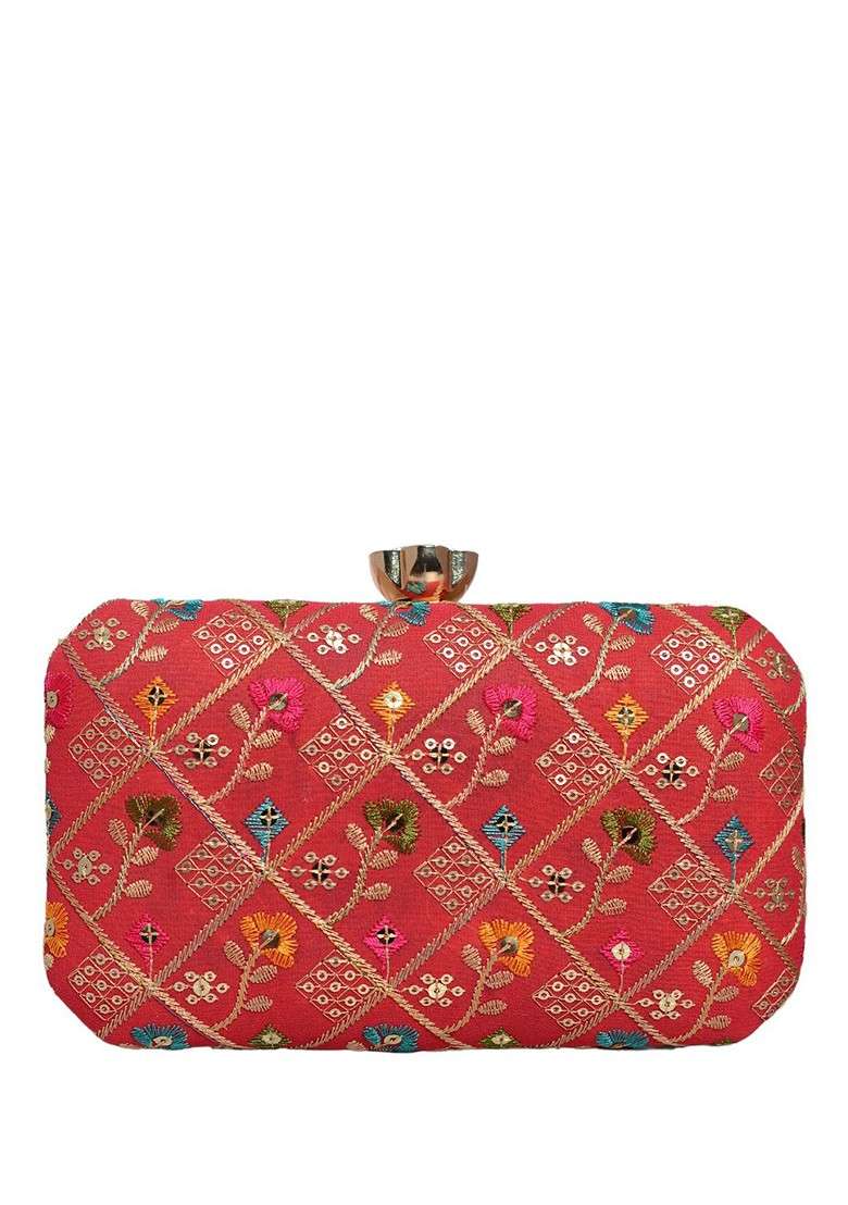 Red Satin Embroidered Bow Detail Box Clutch - Indya