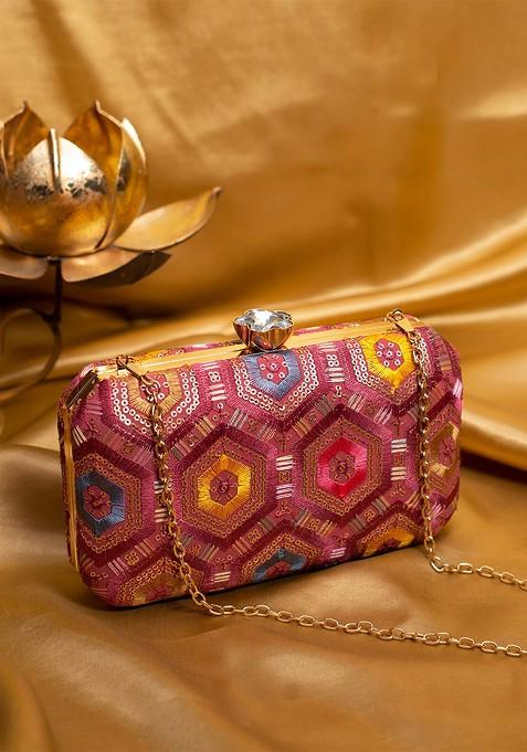 Pink Satin Embroidered Sequined Box Clutch