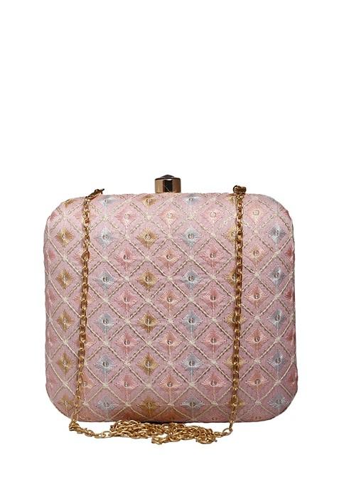 Pink Satin Embroidered Box Clutch