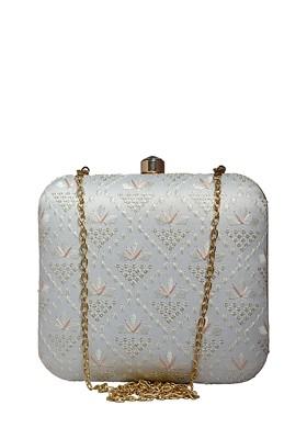 White Satin Embroidered Box Clutch