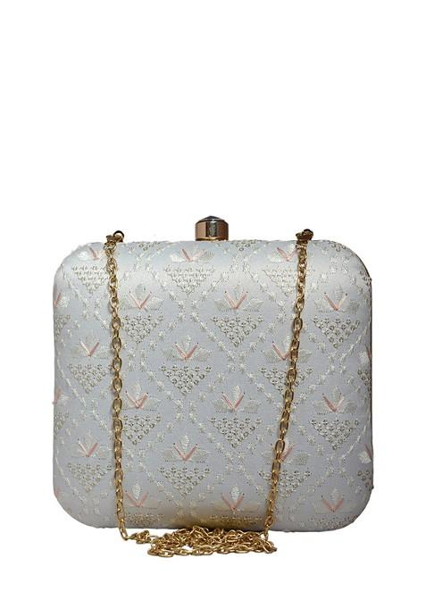 White Satin Embroidered Box Clutch