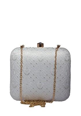 White Satin Embroidered Box Clutch