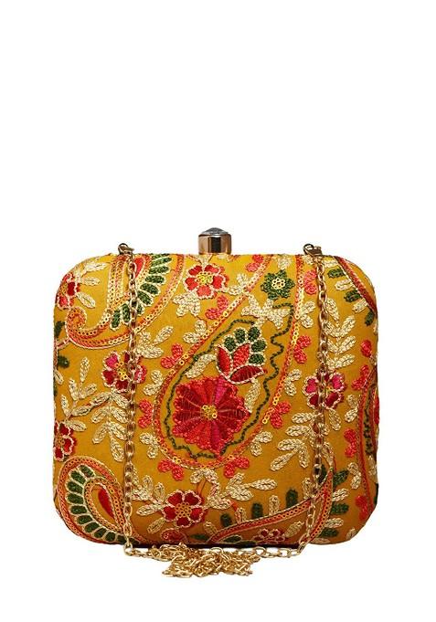 Yellow Satin Embroidered Box Clutch