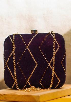 Purple Satin Embroidered Box Clutch