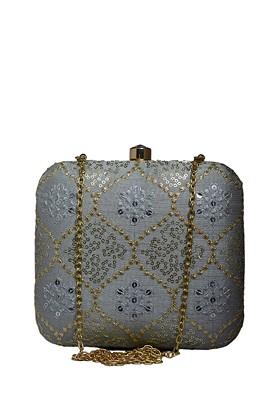 Grey Satin Embroidered Sequinned Box Clutch