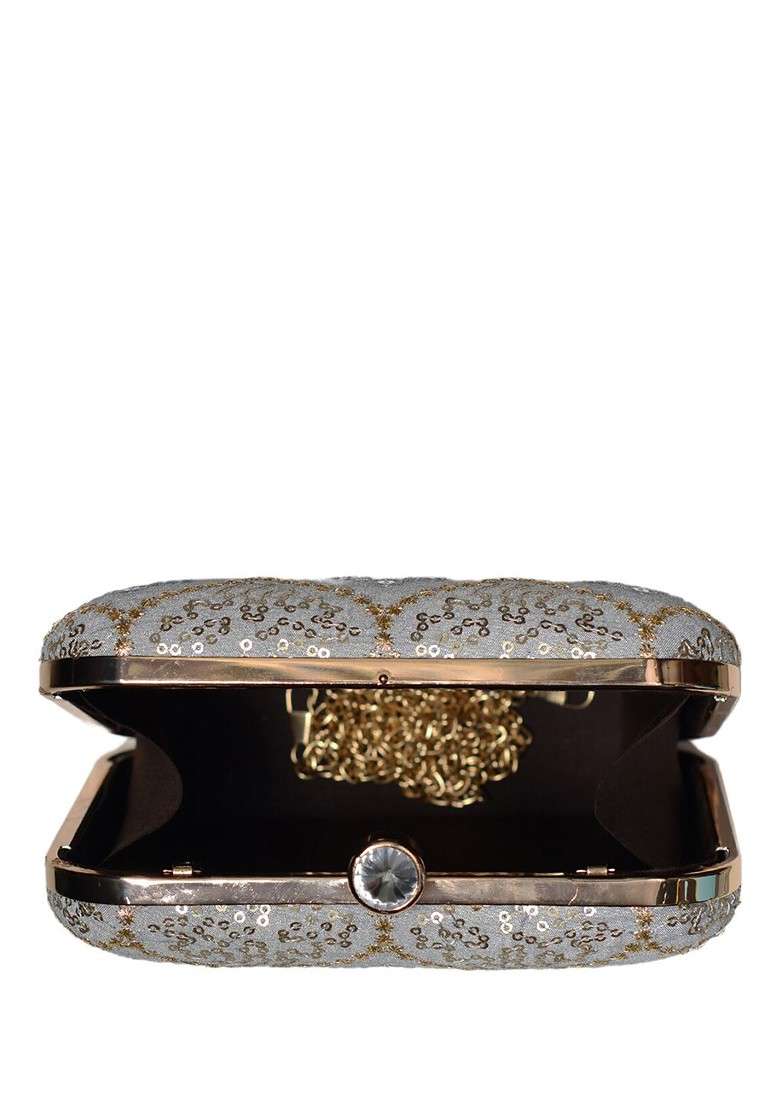 Grey Satin Embroidered Sequinned Box Clutch - Indya