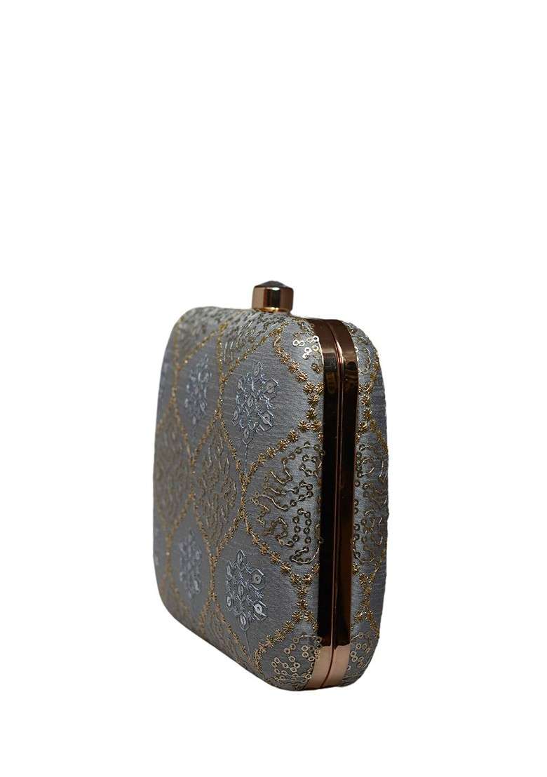 Grey Satin Embroidered Sequinned Box Clutch - Indya