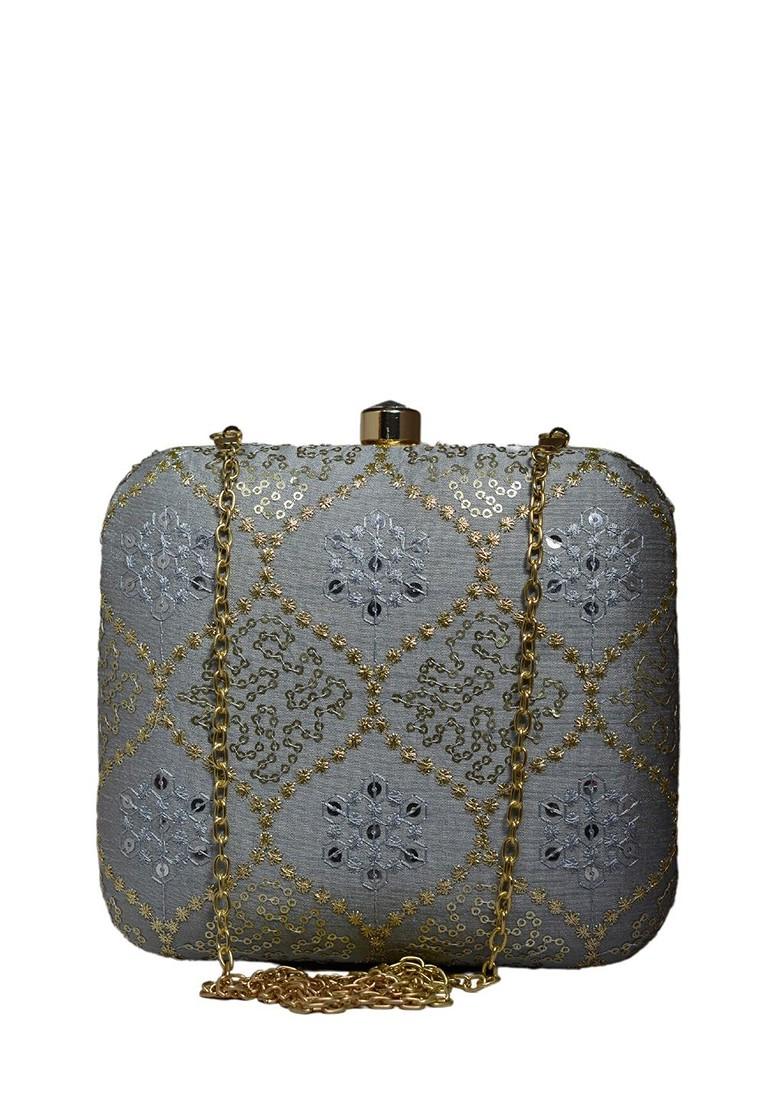 Grey Satin Embroidered Sequinned Box Clutch - Indya