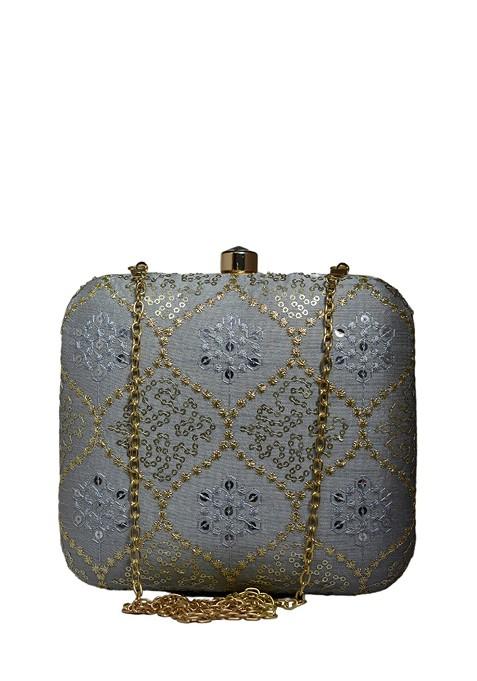 Grey Satin Embroidered Sequinned Box Clutch