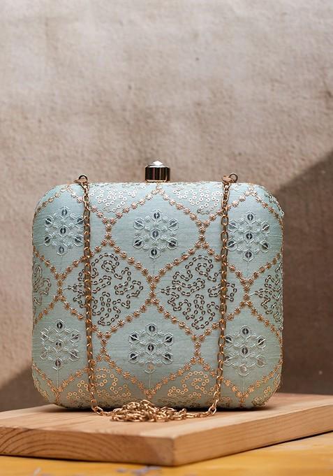 Blue Satin Embroidered Box Clutch