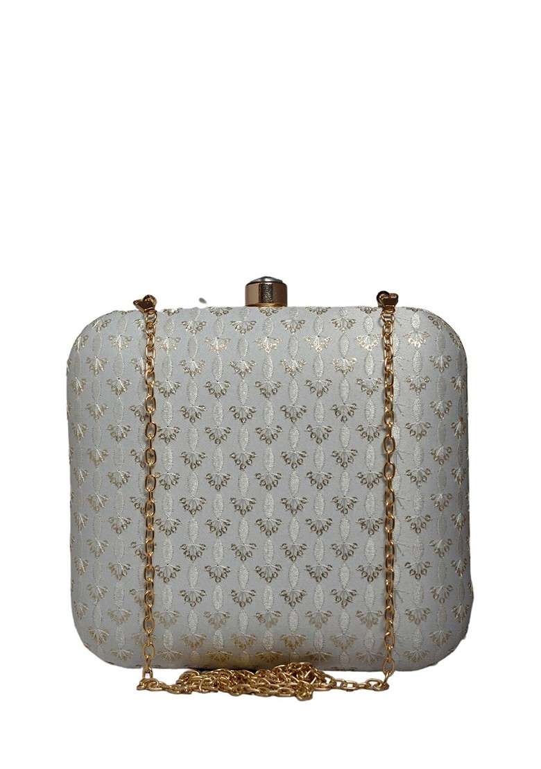 White Satin Embroidered Sequinned Box Clutch - Indya