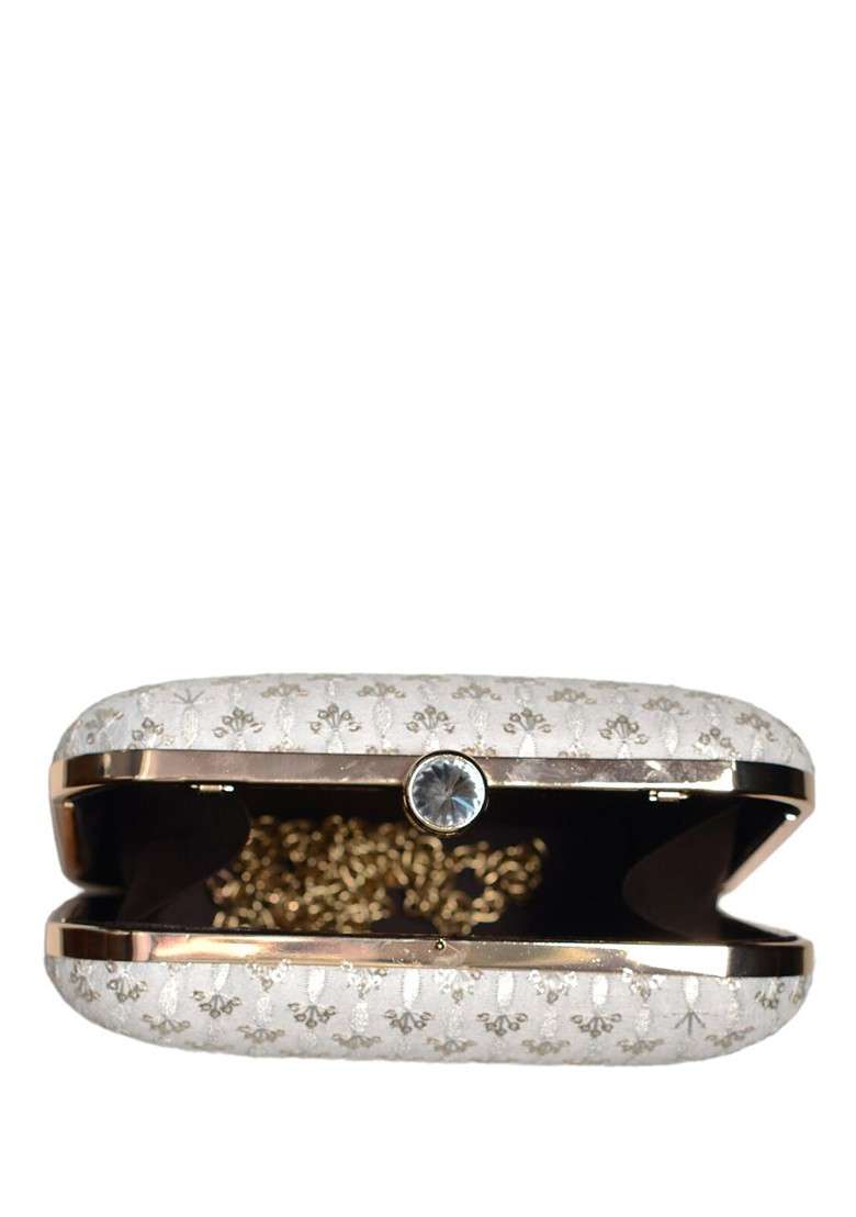 White Satin Embroidered Sequinned Box Clutch - Indya