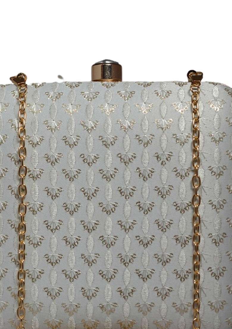 White Satin Embroidered Sequinned Box Clutch - Indya