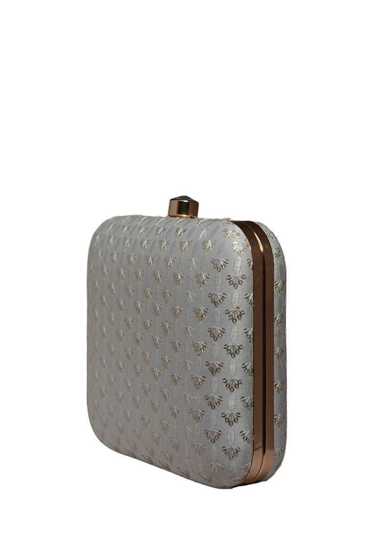 White Satin Embroidered Sequinned Box Clutch - Indya