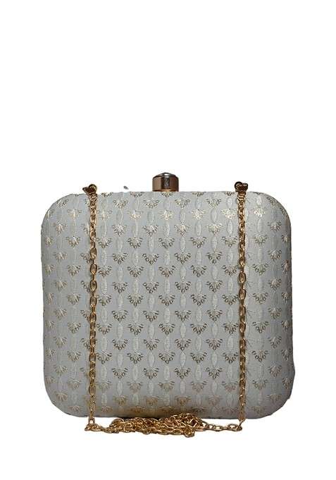 White Satin Embroidered Sequinned Box Clutch