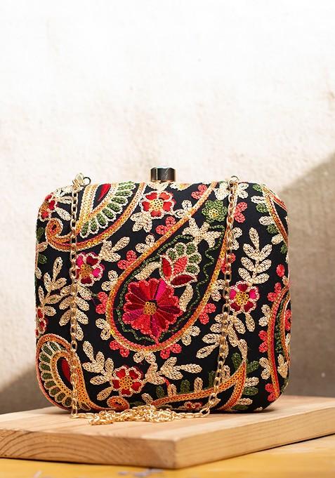 Black Satin Embroidered Box Clutch