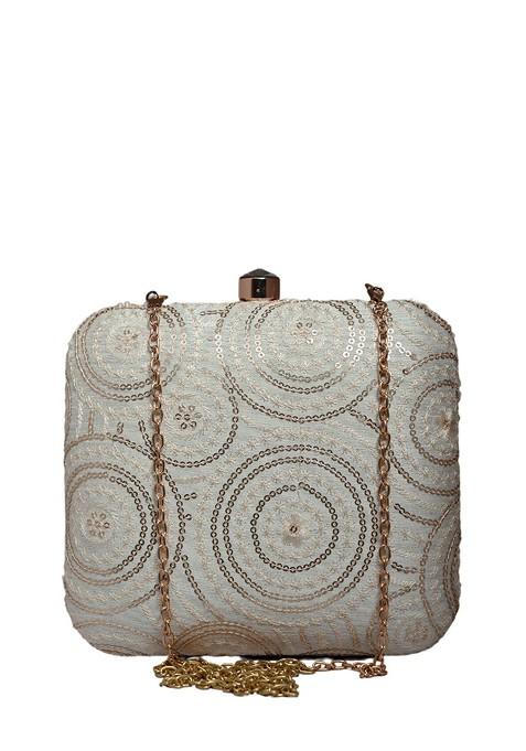 White Satin Embroidered Box Clutch