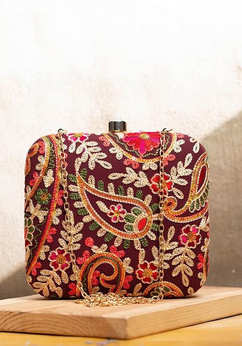 Maroon Satin Embroidered Box Clutch