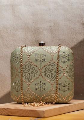 Green Satin Embroidered Sequinned Box Clutch