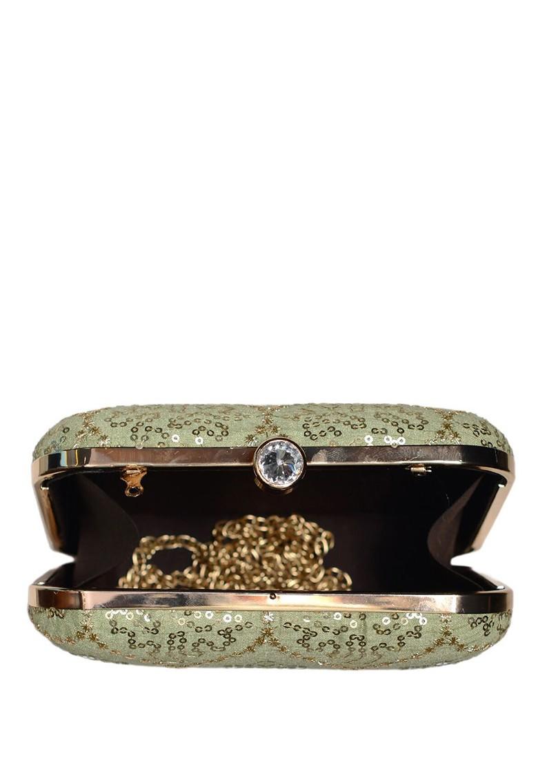 Green Satin Embroidered Sequinned Box Clutch - Indya