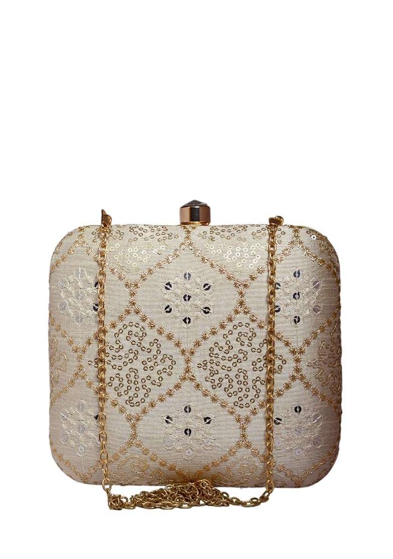Off White Satin Embroidered Box Clutch - Indya
