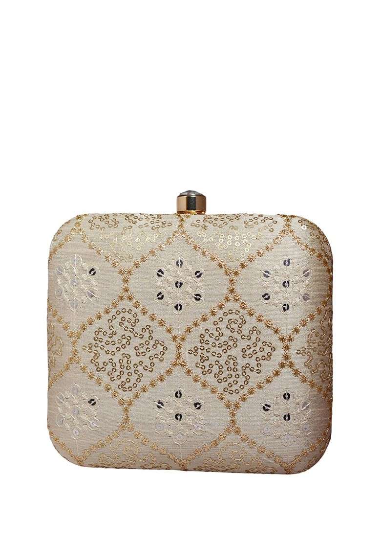 Off White Satin Embroidered Box Clutch - Indya