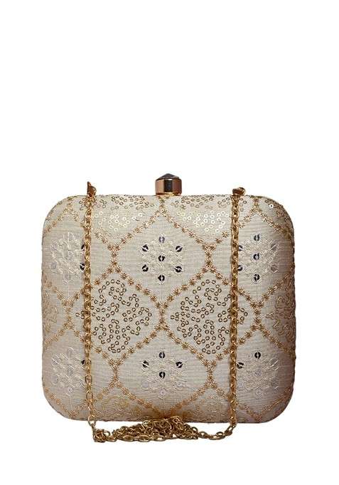 Off White Satin Embroidered Box Clutch