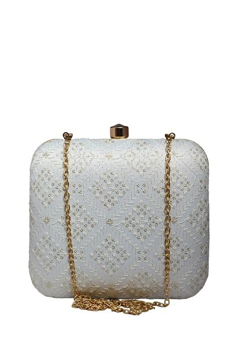 White Satin Embroidered Box Clutch