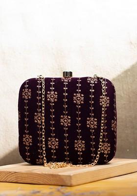 Purple Satin Embroidered Box Clutch