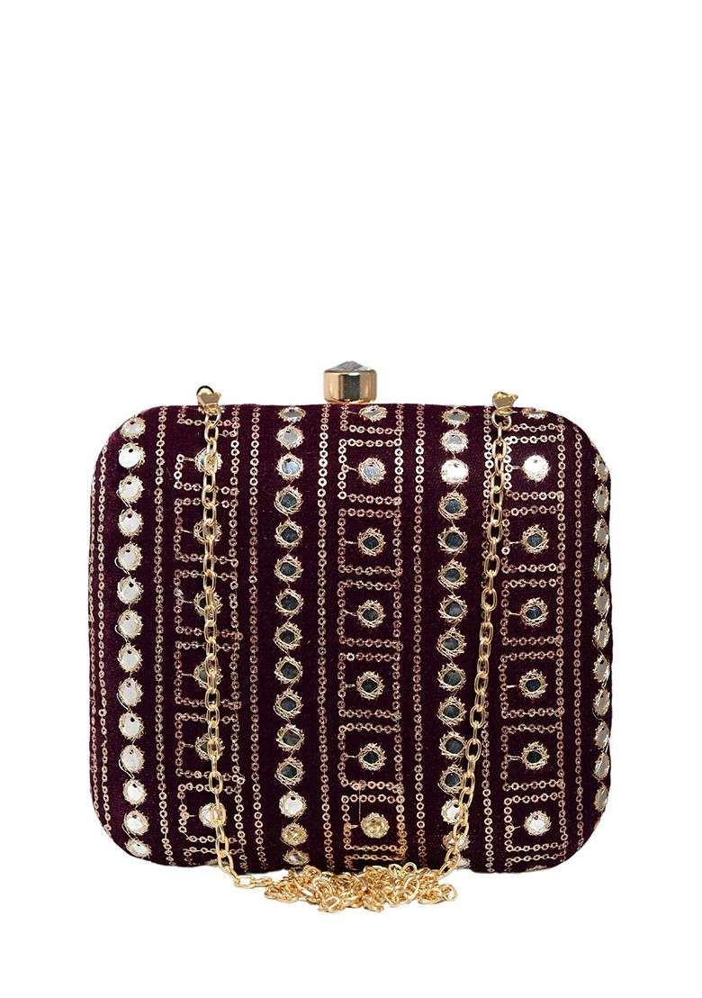 Maroon Satin Embroidered Box Clutch - Indya