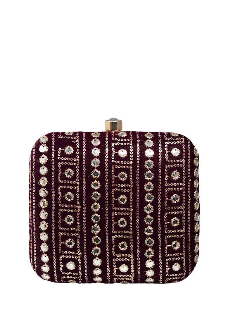 Maroon Satin Embroidered Box Clutch - Indya