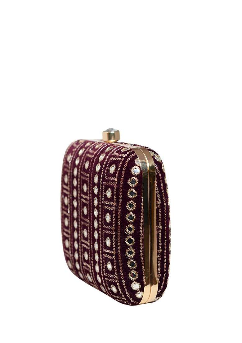 Maroon Satin Embroidered Box Clutch - Indya