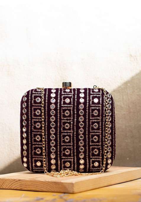 Maroon Satin Embroidered Box Clutch