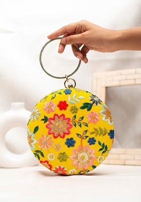 Mustard Satin Embroidered Box Clutch