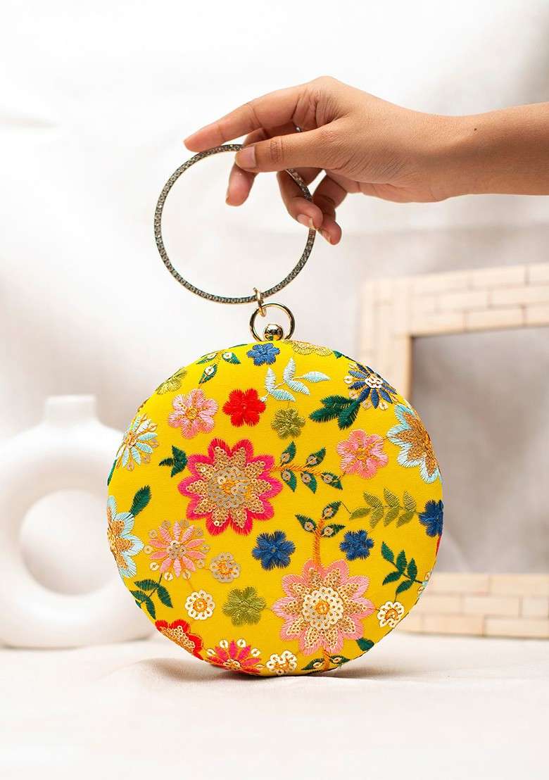 Mustard Satin Embroidered Box Clutch - Indya