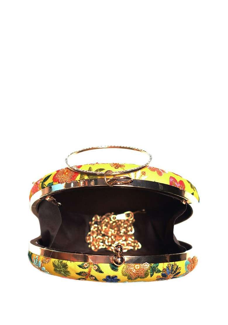 Mustard Satin Embroidered Box Clutch - Indya